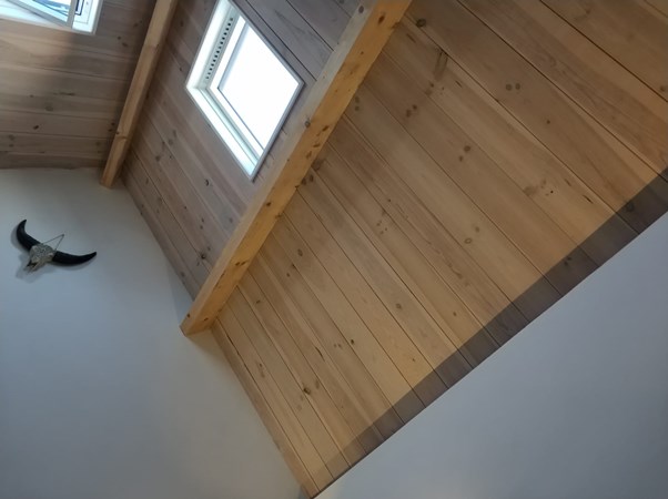 Fam van Haren uit Puiflijk.
Plafondbetimmering gemaakt van grenen delen 21x195mm A.
Afgewerkt met onze witte beits van Tenco.