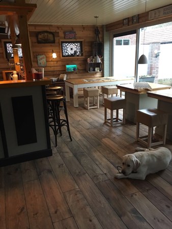 Fam. Jansen uit Haalderen.
Grenen vloerdelen 21 x 195mm A 
1x behandeld met Osmo olie Antiek Eiken 3168