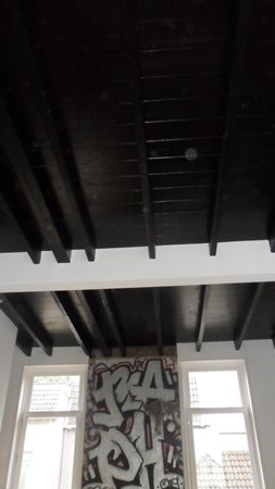 Klushuis Arnhem, plafond 18cm grenen delen behandeld met Hermadix Houtdecor kleur 620.